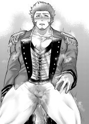 Rule 34 | 1boy, bad id, bad pixiv id, bara, blush, bulge, epaulettes, facial hair, fate/grand order, fate (series), fringe trim, goatee, greyscale, highres, katou ameya, long sideburns, long sleeves, looking at viewer, male focus, monochrome, muscular, napoleon bonaparte (fate), official alternate costume, pants, pectorals, pee, pee leak, peeing, peeing self, penis, scar, short hair, sideburns, small penis, solo, thick thighs, thighs, uniform, welcome to the travelling circus!, white pants