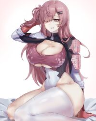 Rule 34 | 1girl, ayla (punishing: gray raven), black bodysuit, bodysuit, bori (pixiv 95888990), breasts, cleavage cutout, clothing cutout, covered navel, hair ornament, hair over one eye, hairclip, highleg, large breasts, long hair, mechanical arms, multicolored bodysuit, multicolored clothes, official alternate costume, one side up, pink bodysuit, pink eyes, pink hair, punishing: gray raven, single thighhigh, solo, thighhighs, underboob cutout, white bodysuit, white thighhighs