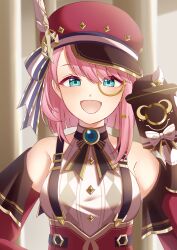 Rule 34 | 1girl, :d, absurdres, aqua eyes, bare shoulders, brooch, cabbie hat, charlotte (genshin impact), commentary, detached sleeves, genshin impact, hat, highres, jewelry, looking at viewer, monocle, open mouth, pink hair, red hat, shirt, smile, solo, suspenders, upper body, watatai, white shirt