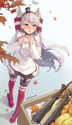 Rule 34 | 1girl, absurdres, amatsukaze (kancolle), artist name, autumn leaves, blush, collarbone, commentary request, dress, fang, fish, food, grey hair, hair tubes, highres, himeyamato, kantai collection, leaf, long hair, long sleeves, maple leaf, omelet, open mouth, red thighhighs, revision, rice, rudder footwear, saury, signature, solo, tamagoyaki, thighhighs, two side up, white dress, yellow eyes