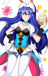 Rule 34 | 1girl, absurdres, animal ears, animal hat, blue eyes, blue hair, blush stickers, breasts, choker, cleavage, collarbone, easter egg, egg, fake animal ears, fire emblem, fire emblem awakening, fire emblem heroes, frilled choker, frills, gloves, gold trim, hat, highres, kgctcg, leotard, lucina (fire emblem), lucina (spring) (fire emblem), microskirt, nintendo, pantyhose, playboy bunny, puffy short sleeves, puffy sleeves, rabbit ears, rabbit hat, see-through, short sleeves, skirt, small breasts, smile, solo, underbust, white pantyhose
