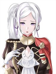 Rule 34 | 1girl, alternate hairstyle, blush, breasts, cleavage, cleavage cutout, clothing cutout, edelgard von hresvelg, embarrassed, european clothes, fire emblem, fire emblem: three houses, gloves, highres, large breasts, nintendo, ponytail, purple eyes, purple hair, white background, white hair