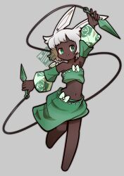 Rule 34 | 1girl, animal ears, arm up, armpits, barefoot, bow, closed mouth, commentary request, dancer rabbit, dark-skinned female, dark skin, detached sleeves, dual wielding, flat chest, floral print, full body, green bow, green skirt, green sleeves, green tube top, grey background, highres, holding, kunai, looking at viewer, medium bangs, midriff, navel, print sleeves, rabbit and steel, rabbit ears, rabbit girl, ribbon-trimmed skirt, ribbon-trimmed tube top, ribbon trim, rope, rose print, short hair, simple background, skirt, smile, solo, strapless, suzaki-san, tube top, weapon