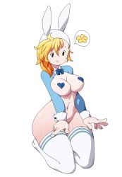 Rule 34 | 1girl, adventure time, animal hood, blonde hair, bow, bowtie, convenient arm, convenient hand, covered erect nipples, curvy, fionna the human girl, full body, hat, heart pasties, highres, hood, meme attire, navel, neamosub, no shoes, pasties, rabbit hood, reverse bunnysuit, reverse outfit, seiza, shrug (clothing), simple background, sitting, smile, solo, speech bubble, spoken flower, thighhighs, white background, wide hips, wrist cuffs