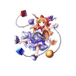 Rule 34 | 1girl, bow, bowtie, chain, closed mouth, cube, cuffs, full body, game cg, gourd, hair bow, highres, horn ornament, horn ribbon, horns, ibuki suika, long hair, looking at viewer, low-tied long hair, orange eyes, orange hair, orb, purple ribbon, purple skirt, pyramid (geometry), red bow, red bowtie, ribbon, ribbon-trimmed skirt, ribbon trim, rotte (1109), shackles, shirt, simple background, skirt, sleeveless, sleeveless shirt, smile, solo, third-party source, torn clothes, torn sleeves, touhou, touhou lostword, white background, white shirt