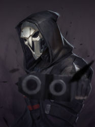 Rule 34 | 1boy, aiming, aiming at viewer, belt, black gloves, envy (812404887), foreshortening, gloves, gun, hood, hooded jacket, jacket, looking at viewer, male focus, mask, mouth mask, no eyes, overwatch, overwatch 1, reaper (overwatch), shotgun, shotgun shell, skull mask, solo, spikes, upper body, weapon