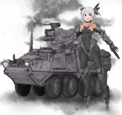 Rule 34 | 1girl, ammunition box, android, armored personnel carrier, armored vehicle, automatic grenade launcher, bad id, bad pixiv id, bodysuit, cable, colored tongue, crew-served weapon, grenade launcher, gun, infantry fighting vehicle, mecha musume, military, military vehicle, mk 19 grenade launcher, muscular, protector rws, red eyes, remote controlled weapon station, sigama, smoke, solo, stryker, tongue, vehicle, weapon, white hair