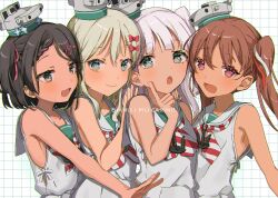 Rule 34 | 4girls, absurdres, black hair, blonde hair, blush, bow, brown eyes, brown hair, closed mouth, commentary request, dress, grecale (kancolle), green eyes, grey eyes, grey hair, grid background, hair bow, highres, italian text, kantai collection, libeccio (kancolle), long hair, maestrale (kancolle), multiple girls, open mouth, red bow, sailor collar, sailor dress, scirocco (kancolle), shamomo, short hair, simple background, sleeveless, sleeveless dress, white background, white dress, white sailor collar