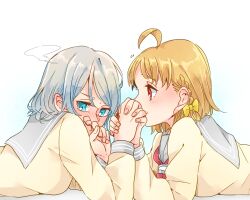 Rule 34 | 2girls, ahoge, averting eyes, blue eyes, blush, bow, braid, breasts, closed mouth, commentary request, ear blush, embarrassed, grey hair, grey sailor collar, hair bow, highres, interlocked fingers, kashikaze, long sleeves, looking at another, love live!, love live! sunshine!!, lying, medium breasts, medium hair, multiple girls, neckerchief, orange hair, red eyes, red neckerchief, sailor collar, school uniform, serafuku, shirt, short hair, side braid, sidelocks, simple background, takami chika, uranohoshi school uniform, watanabe you, white background, white shirt, yellow bow, yuri