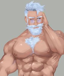Rule 34 | 1boy, abs, bara, bare pectorals, beard, chest hair, commentary, cwazytvthings, dislyte, english commentary, facial hair, highres, large pectorals, looking to the side, male focus, one eye closed, pectorals, pritzker (mimir) (dislyte), round eyewear, simple background, white facial hair, white hair