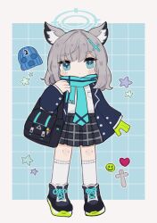 Rule 34 | 1girl, animal ear fluff, animal ears, bag, balaclava, black footwear, black skirt, blue archive, blue eyes, blue jacket, blue necktie, blue scarf, blush, closed mouth, commentary request, fringe trim, full body, grey hair, hair ornament, halo, highres, jacket, looking at viewer, necktie, open clothes, open jacket, pleated skirt, scarf, school uniform, shiroko (blue archive), shirt, shoes, skirt, socks, solo, someyaya, standing, thick eyebrows, white shirt, white socks