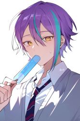 Rule 34 | 1boy, aqua hair, artist name, azit (down), blue necktie, commentary, food, grey vest, hair between eyes, holding food, holding popsicle, kamishiro rui, male focus, multicolored hair, necktie, popsicle, project sekai, purple hair, shirt, short hair, solo, striped necktie, symbol-only commentary, uniform, vest, white background, white shirt, yellow eyes