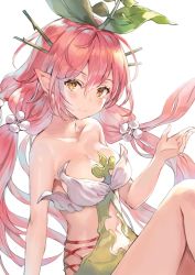 Rule 34 | 1girl, bare shoulders, breasts, cleavage, collarbone, flower, granblue fantasy, hair ornament, highres, leaf, long hair, looking at viewer, low twintails, momoko (momopoco), monster girl, navel, pink hair, plant girl, pointy ears, solo, twintails, yellow eyes, yggdrasil (granblue fantasy)