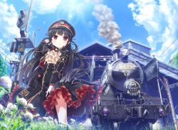 Rule 34 | 1girl, absurdres, ascot, black dress, black hair, blue sky, blunt bangs, cloud, covering privates, covering crotch, cura, day, dress, flower, frilled dress, frills, from below, grass, hachiroku (maitetsu), hand in own hair, hat, highres, jpeg artifacts, lens flare, locomotive, long sleeves, looking at viewer, maitetsu, outdoors, peaked cap, railroad signal, red eyes, signal, skirt, skirt hold, skirt tug, sky, smile, smoke, smokestack, solo, steam locomotive, sunlight, train, train station, wind, wind lift
