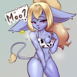 Rule 34 | 1girl, animal print, bikini, breasts, cleavage, collarbone, colored skin, cow print, cow tail, cowboy shot, ear tag, english text, eyelashes, female focus, green background, half-closed eyes, head tilt, heavy breathing, highres, in heat, league of legends, long hair, looking at viewer, medium breasts, navel, open mouth, pointy ears, ponytail, poppy (league of legends), pulling clothes, purple eyes, purple skin, ruui, shiny skin, sidelocks, solo, speech bubble, standing, steam, swimsuit, tail, teeth, thighs, upper teeth only, yordle