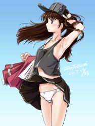 Rule 34 | 1girl, black skirt, blue background, brown eyes, brown hair, clothes lift, unworn clothes, cowboy shot, dated, flat chest, gradient background, holding, holding clothes, japanese clothes, kantai collection, kariginu, long hair, panties, pleated skirt, ryuujou (kancolle), skirt, skirt lift, solo, standing, tatsumi ray, twintails, twitter username, undershirt, underwear, visor cap, white panties, wind, wind lift