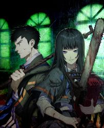 Rule 34 | 1boy, 1girl, arm up, back-to-back, black hair, blood, blood on clothes, blood on face, blood on ground, blood on hands, bloody weapon, blue bow, blue eyes, bow, buttons, chainsaw, closed mouth, dark background, dunamis 15, emblem, expressionless, eyebrows, floor, fringe trim, from side, highres, holding, holding weapon, indoors, industrial pipe, lips, long hair, looking at viewer, mole, mole under eye, nagahama megumi, nut (hardware), official art, open mouth, out of frame, over shoulder, school, school uniform, scratched, serafuku, shadow, shirt, short hair, skirt, smile, staring, takatsuki tougo, teeth, upper body, weapon, weapon over shoulder, window, yamato ichika
