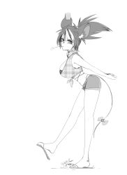 Rule 34 | 1girl, alternate costume, animal ears, arms behind back, bow, bra, bra peek, breasts, cropped vest, from side, full body, greyscale, hakos baelz, highres, hololive, hololive english, large breasts, leaning forward, looking at viewer, midriff, moist owlette, monochrome, mouse ears, mouse tail, mouth hold, plaid, plaid vest, ponytail, sandals, short shorts, shorts, signature, solo, stalk in mouth, standing, standing on one leg, tail, tail bow, tail ornament, twin peaks (restaurant), underwear, vest