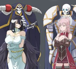 Rule 34 | 2boys, 2girls, absurdres, ainz ooal gown, albedo (overlord), arc lalatoya, ariane glenys maple, armor, bare shoulders, black background, black hair, black wings, breasts, cleavage, cloak, closed mouth, collar, cowboy shot, crossover, detached sleeves, dress, feathered wings, gaikotsu kishi-sama tadaima isekai e o dekake-chuu, gloves, hair between eyes, highres, hip vent, horns, large breasts, low wings, multiple boys, multiple girls, overlord (maruyama), pink hair, pleated skirt, pointy ears, ponytail, red skirt, simple background, skeleton, skirt, standing, white dress, white gloves, wings, yellow eyes