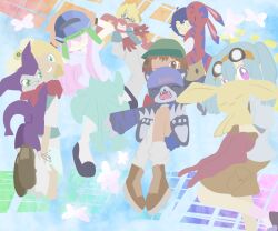 Rule 34 | bearmon, boots, digimon, digimon (creature), elecmon, gloves, goggles, goggles on head, hat, highres, impmon, kamemon, looking at viewer, neamon, original, pucchiemon, smile