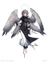 Rule 34 | 1girl, absurdres, angel, angel wings, book, chain, dress, floating, full body, gold trim, grey hair, halo, highres, long dress, miv4t, multiple wings, nail polish, original, scar, scar across eye, scar on face, simple background, slit pupils, solo, tagme, toenail polish, toenails, white background, wings, yellow eyes