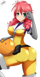 Rule 34 | 00s, 1girl, aqua eyes, artist request, ass, belt, blush, bodysuit, boots, breasts, elbow gloves, feldt grace, gloves, gundam, gundam 00, haro, large breasts, long hair, looking at viewer, pink hair, robot, shiny clothes, simple background, skin tight, smile, solo, thigh boots, thighhighs, white background