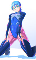 Rule 34 | 1girl, aqua hair, blue hair, bodysuit, boots, bridal gauntlets, earrings, facial mark, forehead mark, green eyes, highres, jewelry, knee boots, pantyhose, pilot suit, ryss, short hair, skin tight, solo, zoids, zoids chaotic century