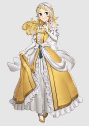 Rule 34 | 1girl, absurdres, alternate costume, bare shoulders, blonde hair, blue eyes, bow, breasts, dress, ebinku, fire emblem, fire emblem awakening, grin, hair down, headdress, highres, holding, holding clothes, holding dress, index finger raised, jewelry, lissa (fire emblem), looking at viewer, nintendo, ring, small breasts, smile, yellow dress, yellow footwear