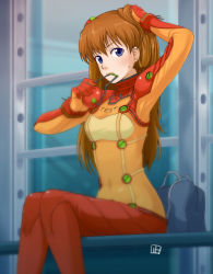 Rule 34 | 00s, 1girl, adjusting hair, bad id, bad pixiv id, bag, blue eyes, bodysuit, brown hair, cleavage, evangelion: 2.0 you can (not) advance, highres, long hair, mouth hold, multicolored clothes, nagian, neon genesis evangelion, plugsuit, rebuild of evangelion, see-through, see-through cleavage, sitting, solo, souryuu asuka langley, sweatdrop, test plugsuit