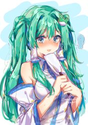 Rule 34 | ..., 1girl, :d, @ @, absurdres, alternate hairstyle, ayatsuki sugure, bare shoulders, blue eyes, blush, breasts, detached sleeves, frog hair ornament, gohei, green hair, hair between eyes, hair ornament, hair tubes, highres, holding, kochiya sanae, long hair, medium breasts, open mouth, shirt, simple background, smile, solo, spoken ellipsis, sweat, tearing up, touhou, upper body, white shirt, wide sleeves