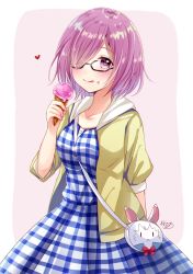 Rule 34 | 1girl, bag, between breasts, blush, breasts, character print, checkered clothes, checkered dress, commentary request, cowboy shot, dress, eating, fate/grand order, fate (series), food, food on face, fou (fate), glasses, hair over one eye, handbag, heart, holding, ice cream, looking at viewer, mash kyrielight, mash kyrielight (senpai killer outfit), official alternate costume, purple eyes, purple hair, sakura hiyori, short hair, solo, tongue, tongue out, two-tone background