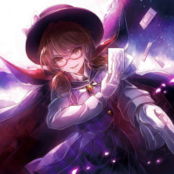 Rule 34 | &gt;:), 1girl, 60mai, blue skirt, blue vest, bow, brown eyes, brown hair, cape, card, cowboy shot, facing viewer, fedora, gloves, hat, hat bow, long sleeves, looking at viewer, low twintails, parted lips, pleated skirt, quimbaya airplane, red-framed eyewear, runes, semi-rimless eyewear, skirt, skirt set, solo, touhou, twintails, under-rim eyewear, usami sumireko, v-shaped eyebrows, vest, white bow, white gloves, zener card