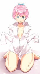 Rule 34 | 10s, 1girl, 3:, barefoot, blouse, blue eyes, blush, bottomless, breasts, cleavage, dress shirt, full body, hair ornament, kantai collection, naked shirt, pink hair, poco (backboa), ponytail, shiranui (kancolle), shirt, short hair, simple background, sitting, sleeves past wrists, small breasts, solo, wariza, white shirt