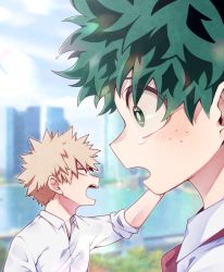 Rule 34 | 2boys, bakugou katsuki, blonde hair, blurry, blurry background, blush, boku no hero academia, collared shirt, commentary request, crying, crying with eyes open, day, freckles, from side, green eyes, green hair, hand up, highres, male focus, midoriya izuku, morino (ktdk 0141), multiple boys, necktie, open mouth, outdoors, red eyes, red necktie, shirt, short hair, spiked hair, tears, white shirt