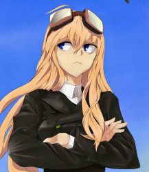 Rule 34 | 1girl, black jacket, blonde hair, blue eyes, blue sky, collared shirt, crossed arms, frown, goggles, goggles on head, hair between eyes, hanna-justina marseille, highres, jacket, long hair, looking to the side, noah (0bp3292), shirt, sky, solo, strike witches, uniform, upper body, white shirt, world witches series
