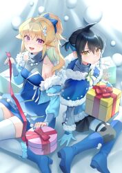 Rule 34 | 2girls, :d, ahoge, bare shoulders, black hair, black skirt, blonde hair, blue bow, blue capelet, blue dress, blue footwear, blue gloves, blue hair, blue nails, boots, bow, box, braid, capelet, christmas, dress, fur-trimmed capelet, fur-trimmed dress, fur-trimmed footwear, fur trim, gift, gift box, gloves, green bow, hair intakes, hair ornament, highres, looking at viewer, mitake eil, multicolored hair, multiple girls, open mouth, original, ponytail, purple eyes, red bow, red ribbon, ribbon, short ponytail, side braid, sidelocks, skirt, smile, thighhighs, two-tone hair, white thighhighs, yellow eyes