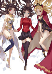 Rule 34 | 3girls, :d, asle, bare shoulders, barefoot, black dress, black legwear, black ribbon, black skirt, blonde hair, blue eyes, blue legwear, brown footwear, brown hair, cape, closed mouth, collarbone, commentary request, dress, earrings, ereshkigal (fate), fate/grand order, fate/stay night, fate (series), hair ribbon, holding hands, hoop earrings, ishtar (fate), jewelry, long hair, long sleeves, looking at viewer, multiple girls, open mouth, parted bangs, pleated skirt, purple cape, red eyes, red ribbon, red skirt, ribbon, single sleeve, single thighhigh, skirt, smile, thighhighs, tiara, tohsaka rin, two side up, very long hair