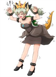 Rule 34 | 1girl, :d, ^ ^, anchovy (girls und panzer), anklet, armlet, arms up, black collar, black dress, black legwear, black nails, black ribbon, bowsette, bowsette (cosplay), bracelet, claw pose, closed eyes, collar, commentary, cosplay, crown, dress, drill hair, full body, girls und panzer, green hair, hair ribbon, high heels, highres, horns, jewelry, leaning forward, long hair, mario (series), medium dress, motion lines, nail polish, new super mario bros. u deluxe, nintendo, omachi (slabco), open mouth, red eyes, ribbon, riding crop, sharp teeth, simple background, smile, solo, spiked anklet, spiked armlet, spiked bracelet, spiked collar, spiked shell, spiked tail, spikes, standing, strapless, strapless dress, super crown, tail, teeth, translated, turtle shell, twin drills, twintails, white background