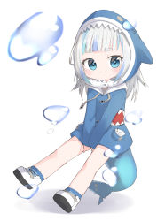 Rule 34 | 1girl, absurdres, animal hood, arms between legs, blue eyes, blue hair, blue hoodie, blunt bangs, bubble, chibi, closed mouth, commentary request, fins, fish tail, full body, gawr gura, gawr gura (1st costume), highres, hololive, hololive english, hood, hoodie, long hair, long sleeves, looking at viewer, multicolored hair, open mouth, shark hood, shark tail, sharp teeth, shoes, smile, solo, streaked hair, tail, teeth, v arms, virtual youtuber, white background, white hair, yumoto motoyu