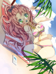 Rule 34 | 1girl, artistic error, bad id, bad pixiv id, bespectacled, bikini, bow, breasts, cleavage, digital media player, earphones, flower, glasses, green eyes, hair bow, long hair, looking at viewer, lying, masushita, megurine luka, on side, pink hair, solo, swimsuit, vocaloid