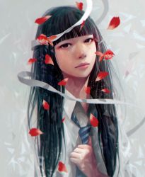 Rule 34 | 1girl, absurdres, adjusting clothes, adjusting necktie, asian, black eyes, black hair, blue necktie, blunt bangs, closed mouth, collared shirt, fish, goldfish, head tilt, highres, lips, long hair, looking at viewer, necktie, necktie grab, neckwear grab, nose, original, petals, realistic, shirt, solo, striped necktie, striped neckwear, upper body, wataboku, white shirt, wing collar