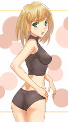 Rule 34 | 1girl, ass, bad id, bad pixiv id, bare shoulders, blonde hair, blush, breasts, capcom, covered erect nipples, green eyes, impossible clothes, impossible shirt, looking back, mega man (series), mega man legends (series), nipples, ogros, open mouth, panties, roll caskett (mega man), shirt, short hair, sleeveless, solo, underwear