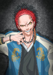 Rule 34 | 1boy, chain, ear piercing, eyelashes, fangs, grey background, harai kuko, highres, hypnosis mic, jacket, japanese clothes, jewelry, letterman jacket, long sleeves, looking at viewer, necklace, piercing, red hair, ring, short hair, smile, solo, spiked hair, taiyou, teeth, yellow eyes