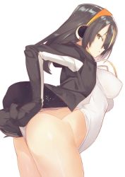 Rule 34 | 10s, 1girl, ass, black hair, blonde hair, blush, breasts, brown eyes, emperor penguin (kemono friends), furisuku, hair over one eye, headphones, highres, hood, hoodie, kemono friends, leotard, leotard pull, long hair, looking at viewer, looking back, medium breasts, multicolored hair, open mouth, simple background, sleeves past wrists, solo, two-tone hair, white background, white leotard