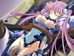 Rule 34 | 1girl, breasts, censored, cum, cum in pussy, closed eyes, game cg, gun, long hair, madou souhei kleinhasa, mecha musume, medium breasts, mosaic censoring, purple hair, rose lilienthal, saitou natsuki, scope, solo, tears, tentacles, thighhighs, torn clothes, triangle (company), twintails, weapon