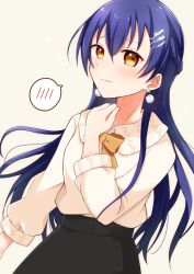 Rule 34 | 1girl, blue hair, blush, earrings, hair between eyes, hair ornament, hand up, jewelry, long hair, long sleeves, looking at viewer, love live!, love live! school idol project, misoradeko, ribbon, simple background, solo, sonoda umi, speech bubble, swept bangs, white background, yellow eyes