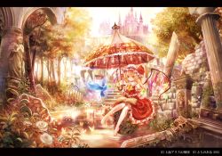 Rule 34 | 1girl, ascot, bad id, bad pixiv id, barefoot, bird, blonde hair, book, bug, butterfly, castle, clover, column, flandre scarlet, flower, four-leaf clover, hat, insect, letterboxed, md5 mismatch, open book, parasol, pillar, pond, red eyes, rose, ruins, scenery, side ponytail, sitting, skirt, skirt set, smile, solo, stairs, statue, torino aqua, touhou, tree, umbrella, white flower, white hat, white rose, wings