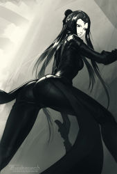 Rule 34 | 1girl, against wall, artist name, ass, black bodysuit, black hair, black legwear, black sclera, blame!, bodysuit, coat, colored sclera, commentary, english commentary, hair ornament, highres, holding, holding weapon, legs, long hair, looking at viewer, looking back, pale skin, patreon username, pcell, signature, silicon creature (blame!), solo, standing, tarakanovich, watermark, weapon, web address