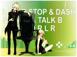 Rule 34 | 1boy, 1girl, blonde hair, brother and sister, chair, controller, famicom, formal, game console, game controller, gamepad, hair ornament, hairclip, headphones, headphones around neck, kagamine len, kagamine rin, lancha, necktie, nes, nintendo, remocon (vocaloid), remote control, remote control (vocaloid), short hair, siblings, suit, twins, vocaloid
