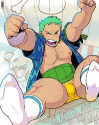 Rule 34 | 1boy, alternate body hair, bara, bare pectorals, bulge, chest hair, feet, feet out of frame, foreshortening, from above, green hair, highres, large pectorals, leg hair, long sideburns, male focus, muscular, muscular male, nipples, official alternate costume, one eye closed, one piece, open clothes, open shirt, outstretched arms, pectorals, roronoa zoro, short hair, sideburns, socks, solo, spread legs, thick thighs, thighs, toraboi, white socks